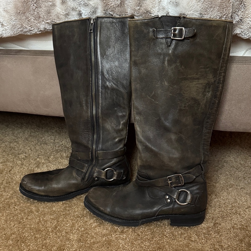 FRYE  Veronica Dark Brown Distressed Riding Boots